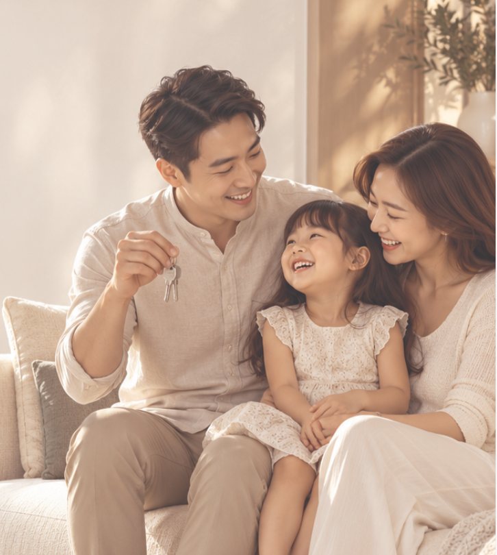 A young family holding new house keys